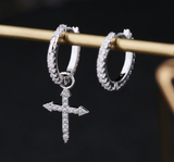 Stylish Sterling Silver  Zircon Asymmetric Cross Pendant Hoop Earring