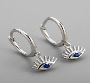 925 Sterling Silver Lovely Blue Eyes Charm Hoop Earring