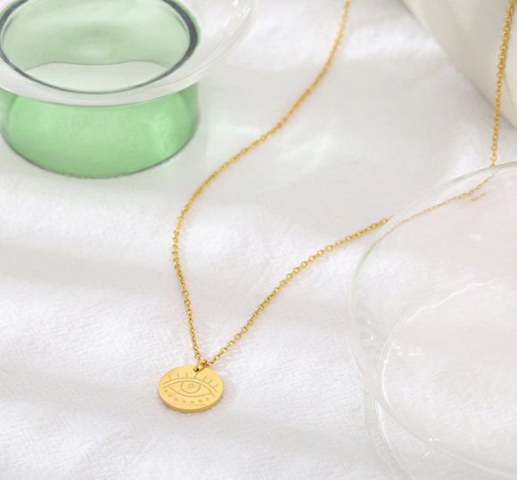 Trendy  Simple Stainless Steel Eye Gold Circle Pendant Necklace