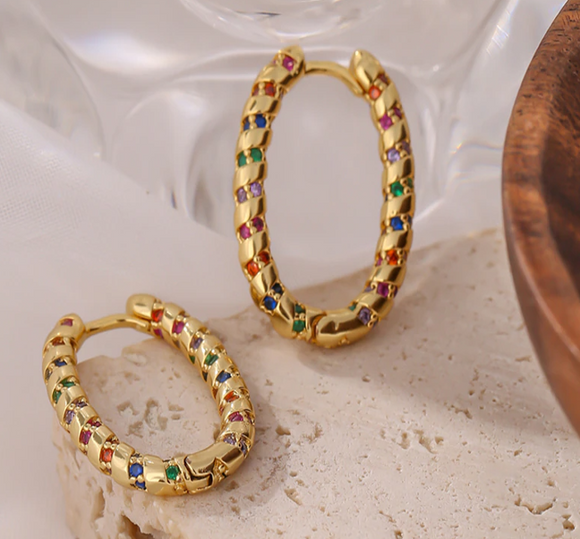 Beautiful High Quality Ellipse Rainbow Zircon Hoop Earring