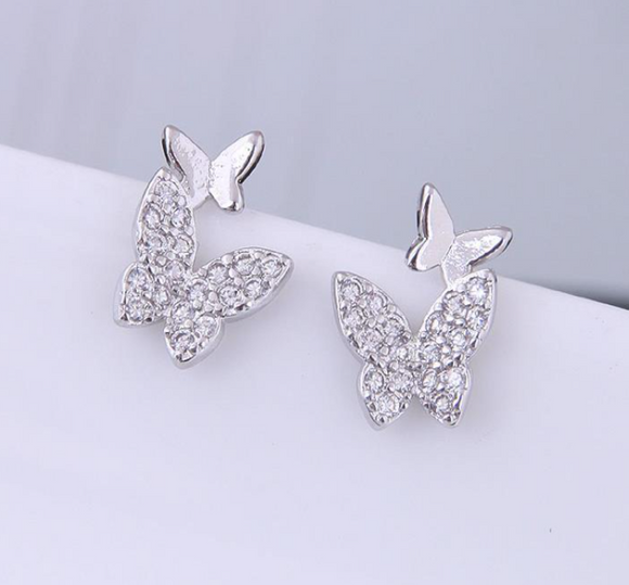 Cute 925 Sterling Silver  Double Butterfly Zircon Earring