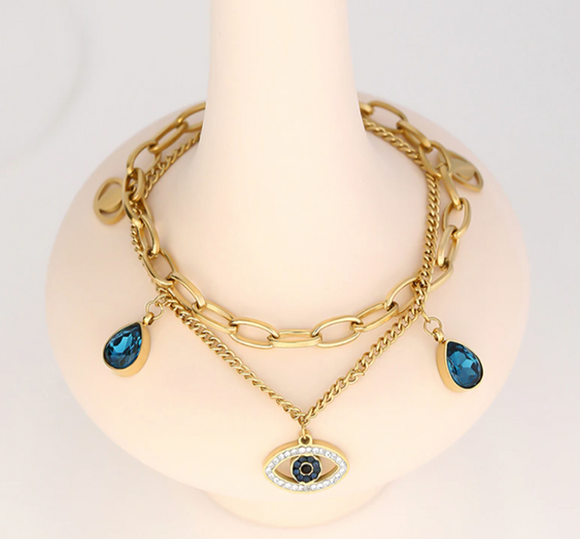 Trendy Stainless Steel Eye Pendant Double Layer Chain Bracelet