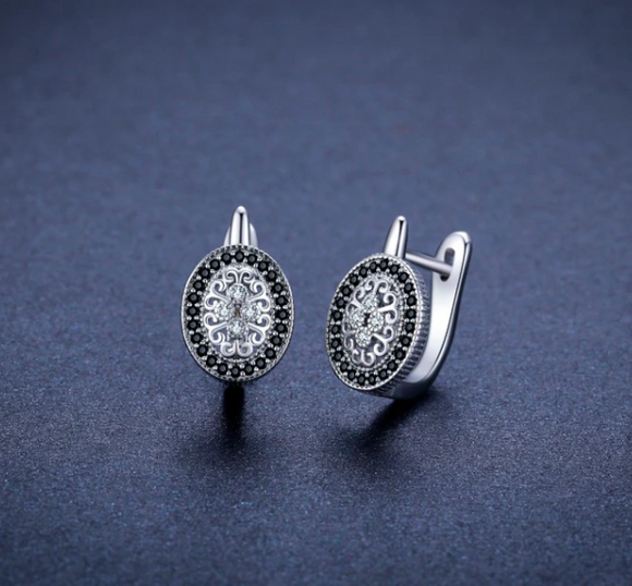 High Quality Sterling Silver Black Zircon Hoop Earring