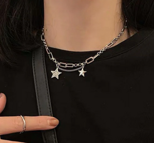 Sterling Silver Link Chain with Star Charms Choker Necklace